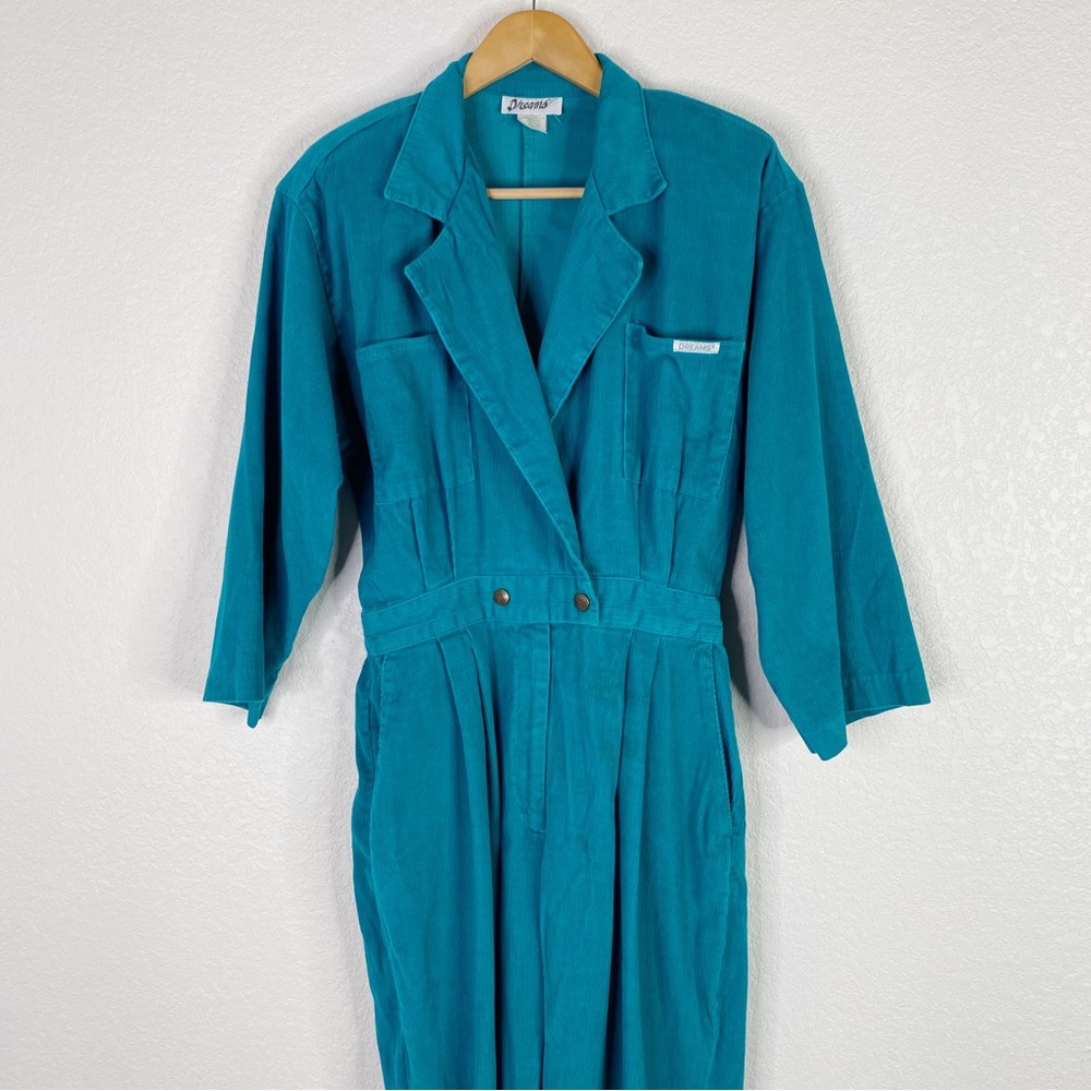 Vintage Dreams Teal Blue Corduroy Mechanic Jumpsuit - Picture 2 of 5